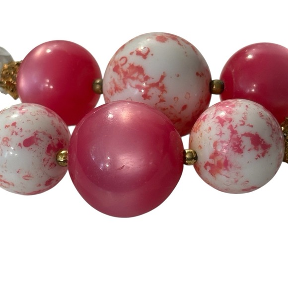 Vintage‎ Pink Double Strand Necklace Cat's Eye Faux Pearl Chunky Beads Marbled - Picture 11 of 16
